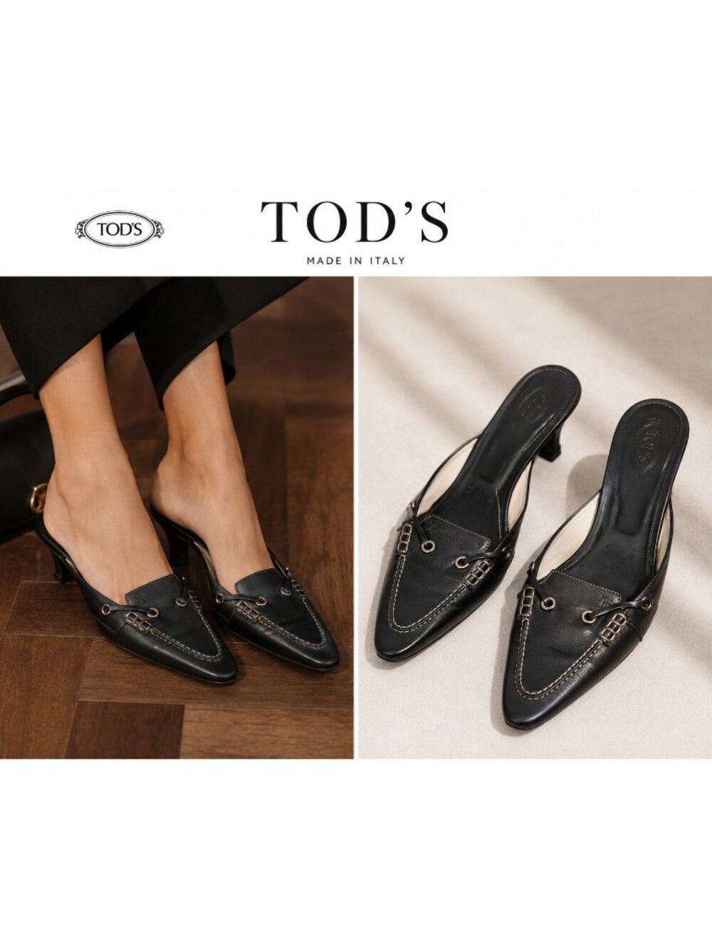 Tod’s Women’s Black Leather Pointed Toe Kitten Heel Mule Loafers Size 7.5